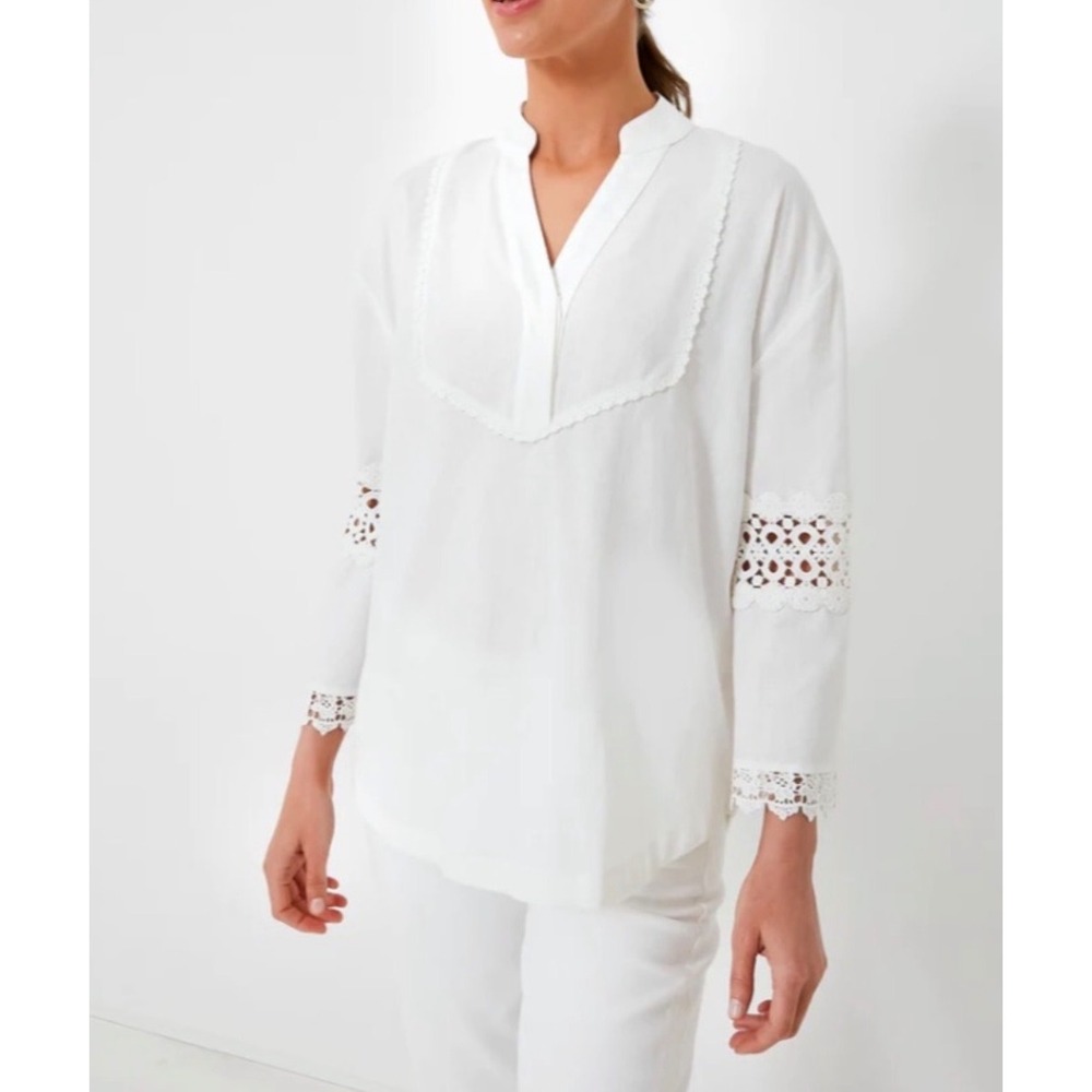 Tuckernuck White blanc piper Lace top blouse Tunic Top XL Relaxed Boho V-Neck‎